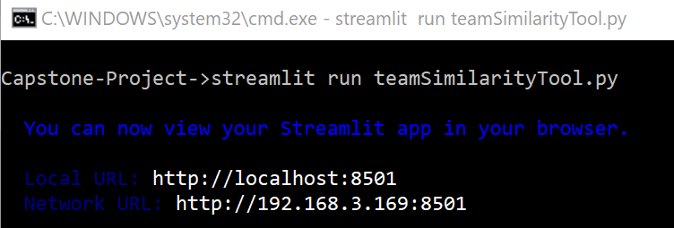 Screen capture of command line command to start Streamlit applications locally.